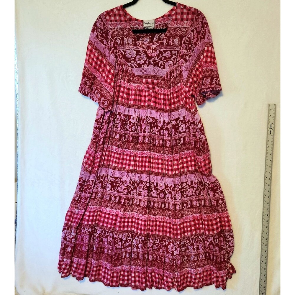 Saybury Women's M House Dress Pink Gingham Floral Rayon Pockets Flutter Sleeves
